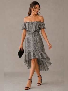 HeartSoul Snake Print Strapless Off Shoulder Ruffle High Low Dress Size Small